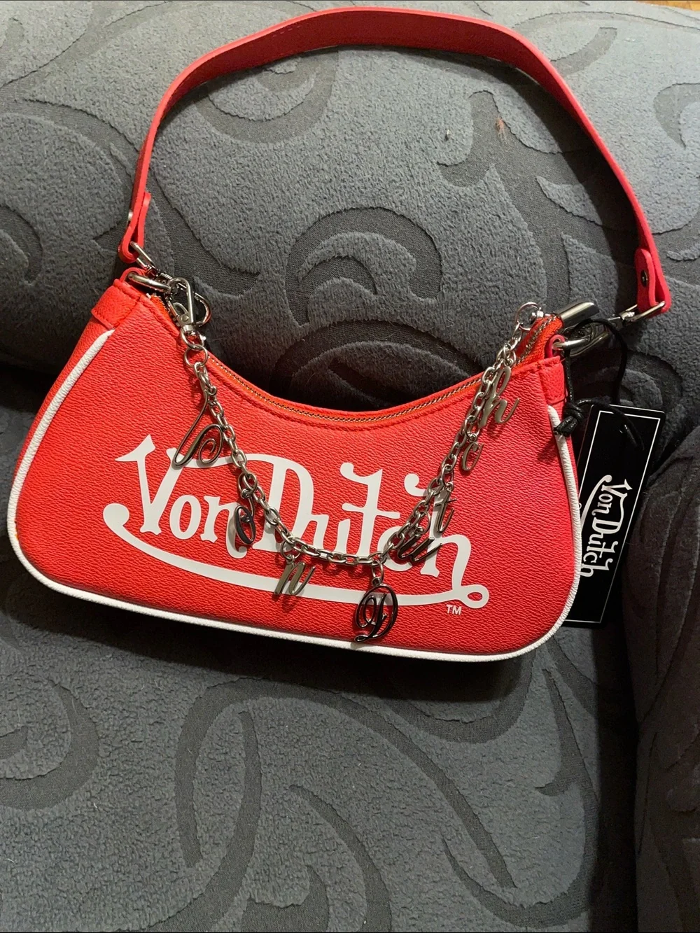 Von Dutch Red Mini Shoulder Bag with Logo Charm Chain - Picture 1 of 5